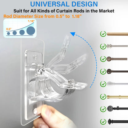 6-Pack No Drill Needed Curtain Rod Holders Brackets, Self Adhesive Rod Holder Hooks, Multipurpose Nail Free Stick on Curtain Rod Hooks Decor Bathroom